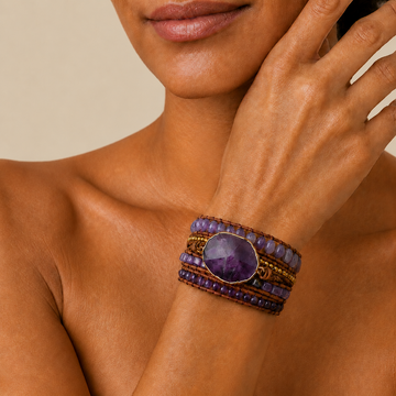 Purple stone wrap bracelet worn on the wrist