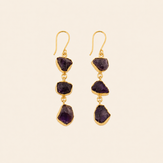 Amethyst Fall Earrings with three irregular purple stones on each drop