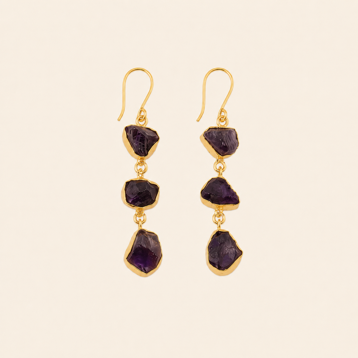 Amethyst Fall Earrings with three irregular purple stones on each drop