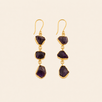 Amethyst Fall Earrings with three irregular purple stones on each drop