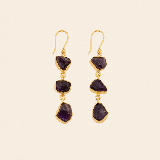 Amethyst Fall Earrings with three irregular purple stones on each drop