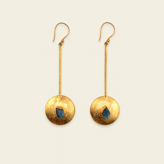 Apatite Disc Earrings with long gold-coloured stems and round disc drops with blue centres
