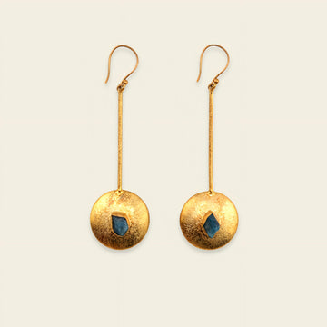 Apatite Disc Earrings with long gold-coloured stems and round disc drops with blue centres