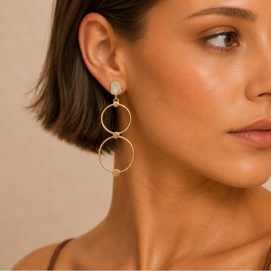 Aqua Halo Earrings worn on the ear, with linked open gold-coloured circles
