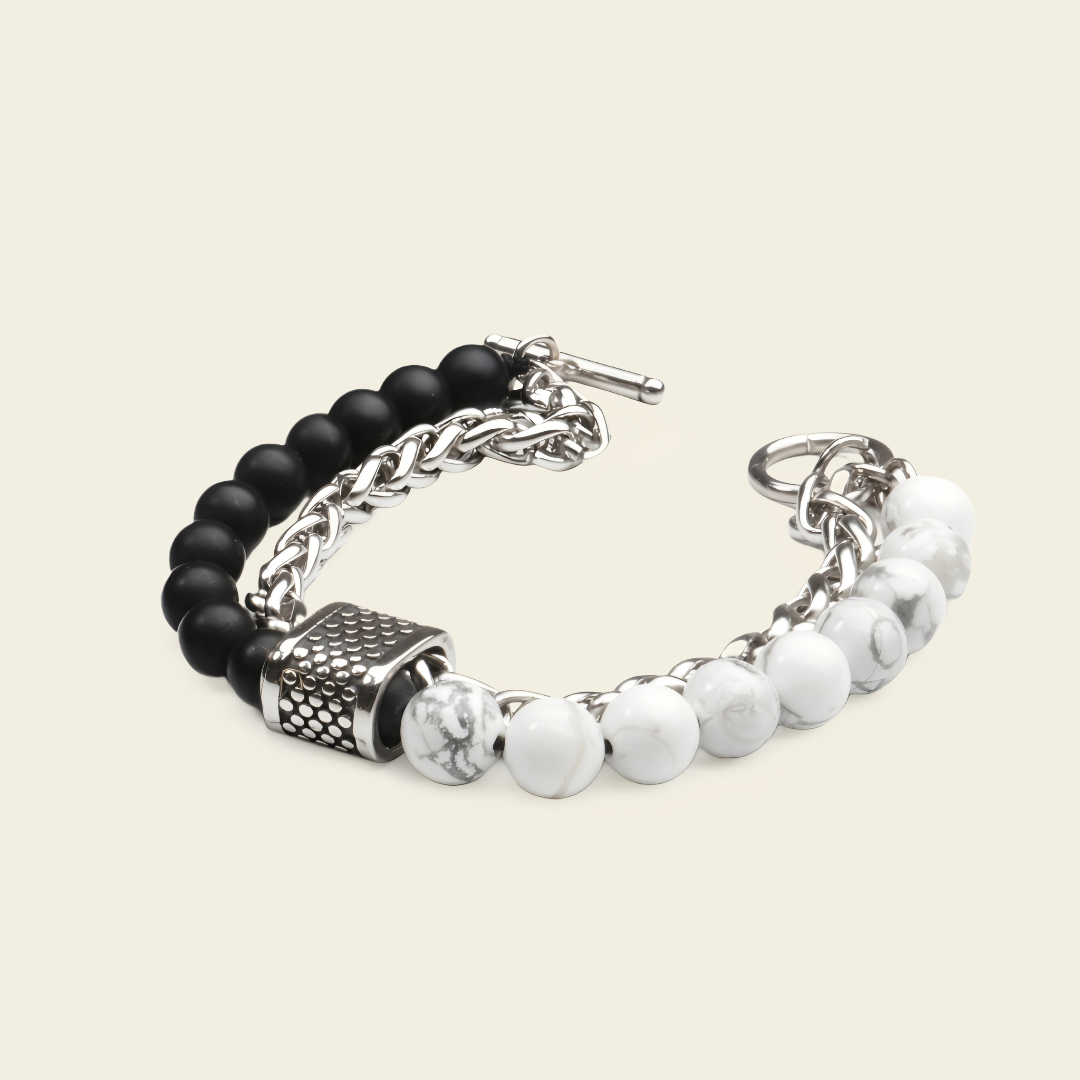 Atlas Chain Bracelet with stone beads paired with a chunky silver-coloured chain