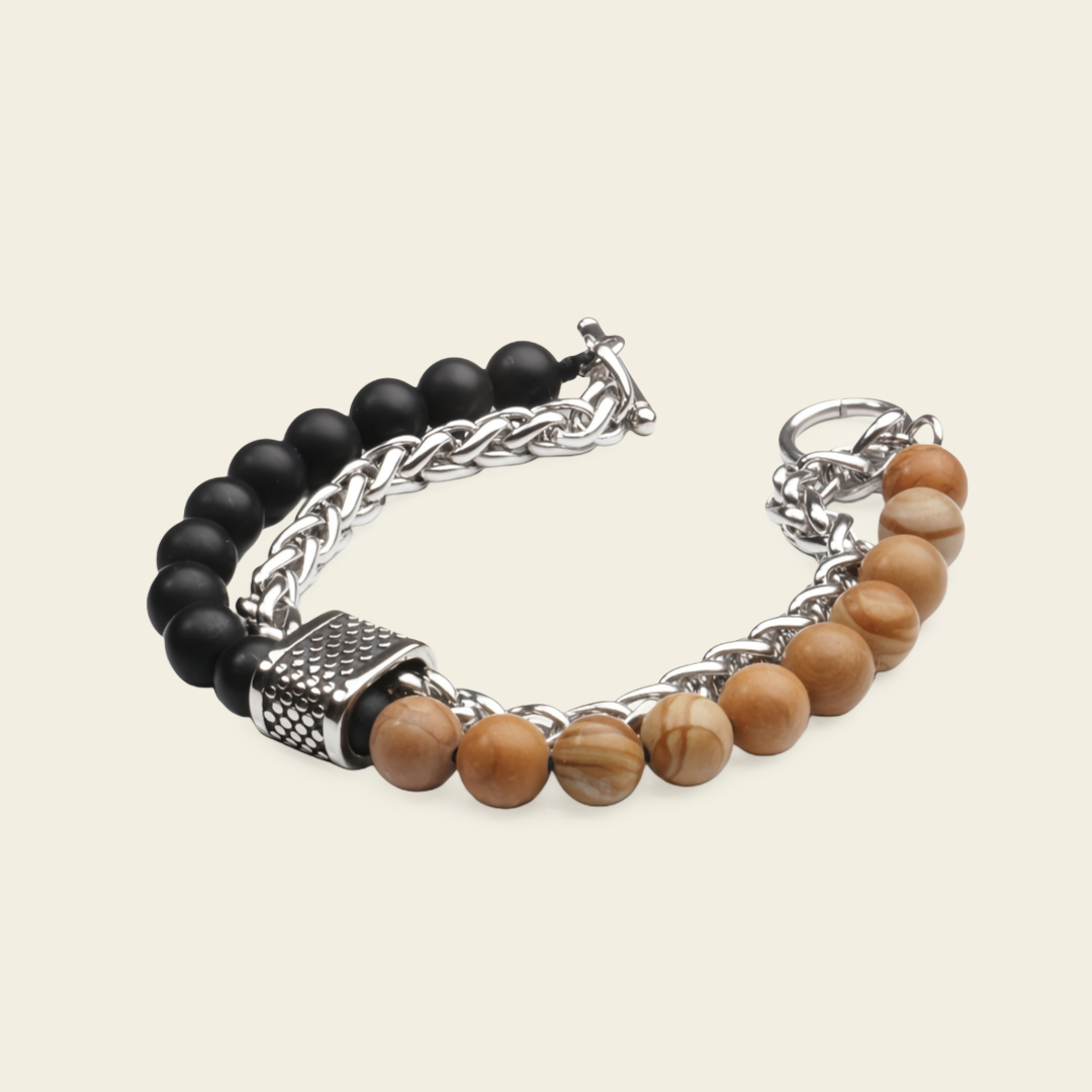 Atlas Chain Bracelet with stone beads paired with a chunky silver-coloured chain