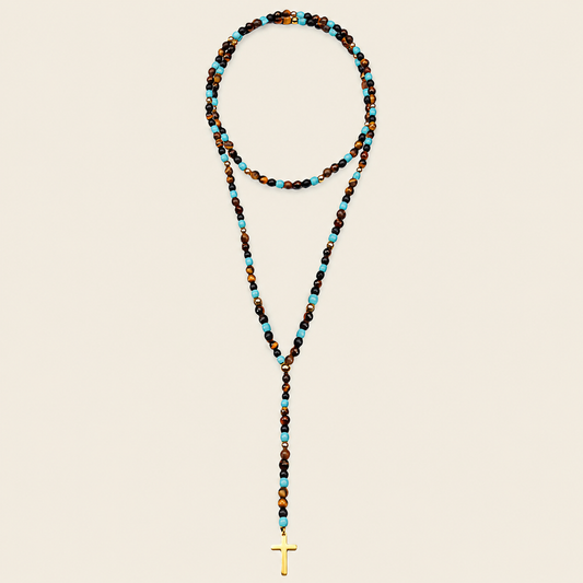 Auric Veil Necklace with round stone beads and a cross pendant