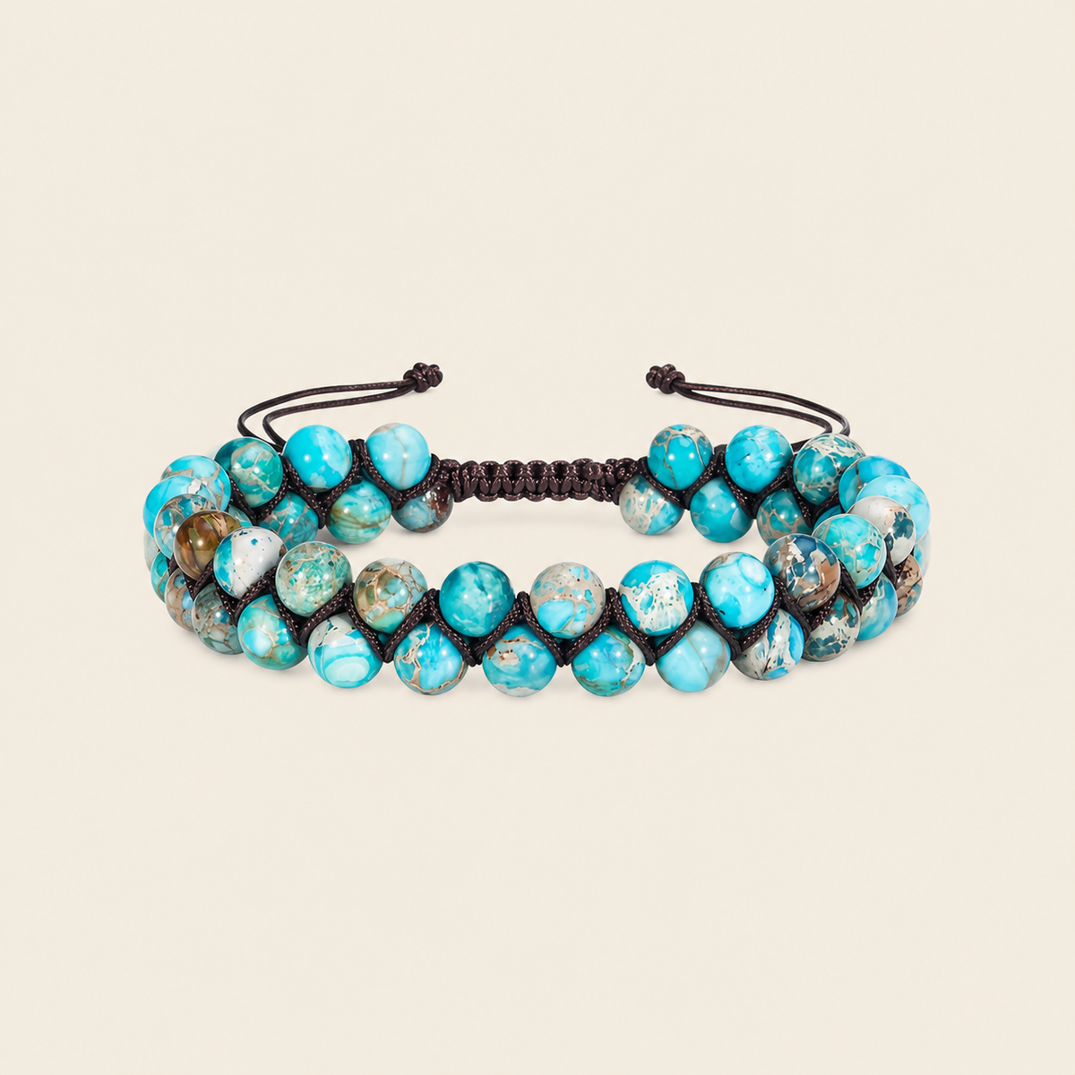 Azure Knot Bracelet with two rows of turquoise-coloured round beads on dark cord