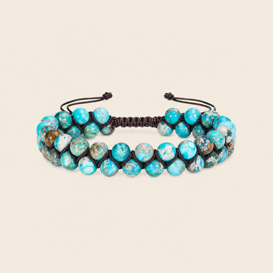 Azure Knot Bracelet with two rows of turquoise-coloured round beads on dark cord
