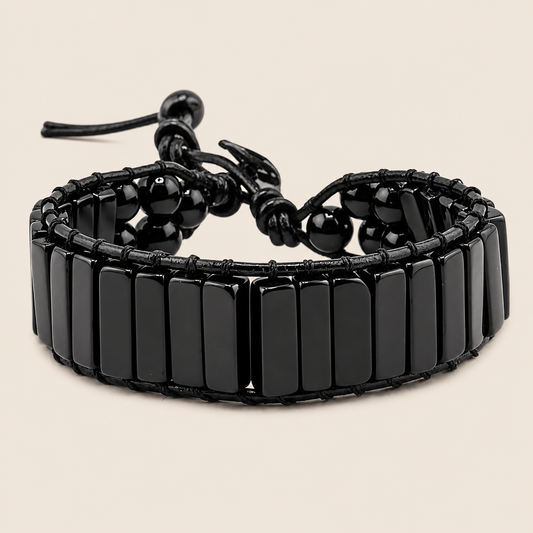 Blackline Tile Bracelet with black rectangular beads and dark cord