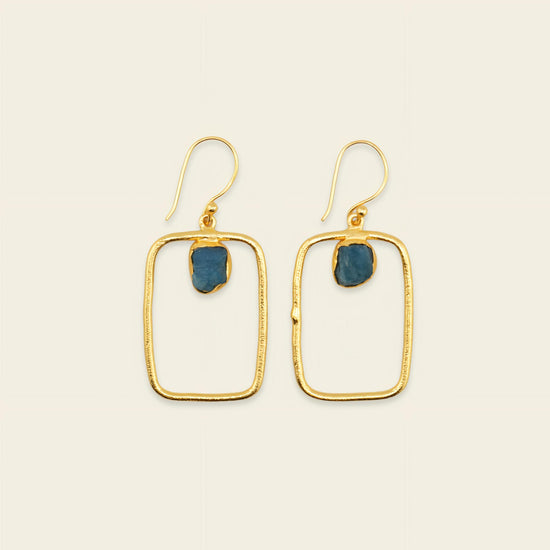 Blue Frame Earrings with open rectangular frames and small blue stone accents