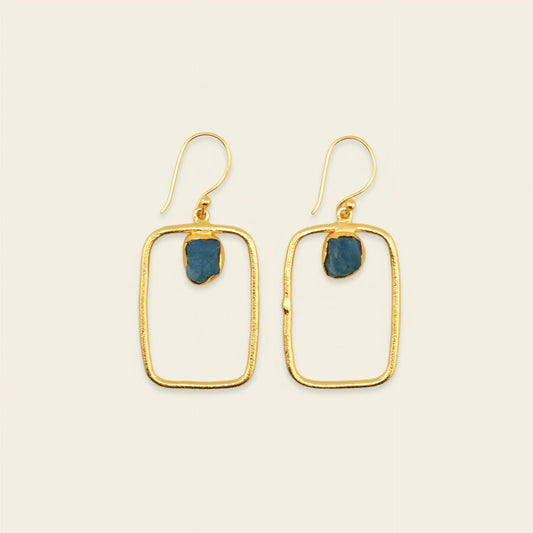 Blue Frame Earrings with open rectangular frames and small blue stone accents