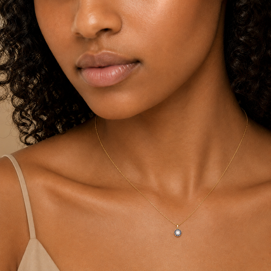 Blue Halo Necklace worn at the neckline in gold finish