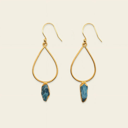 Blue Stillness Earrings with open teardrop frames and blue stone drops