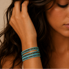 Blue Thread Bracelet worn on the wrist, with layered turquoise-coloured beads on blue cord