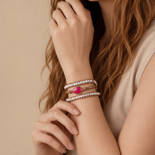 Blush Centre Bracelet worn on the wrist, with layered pink and pale bead strands