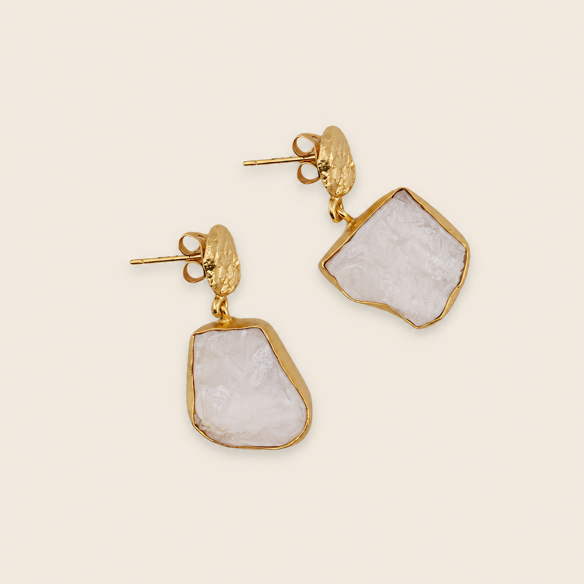 Blush Halo Earrings with pale irregular stone drops in gold-coloured settings