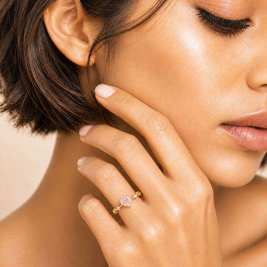Blush Heart Ring worn on the hand in gold finish