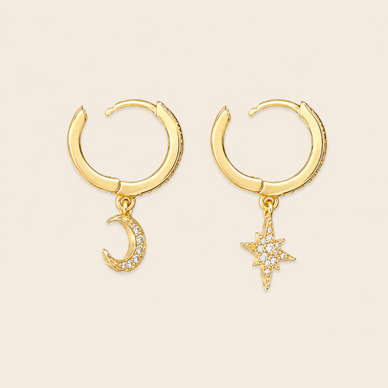 Celestial Light Earrings with crescent moon and star charms on small hoops in gold finish