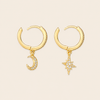 Celestial Light Earrings with crescent moon and star charms on small hoops in gold finish