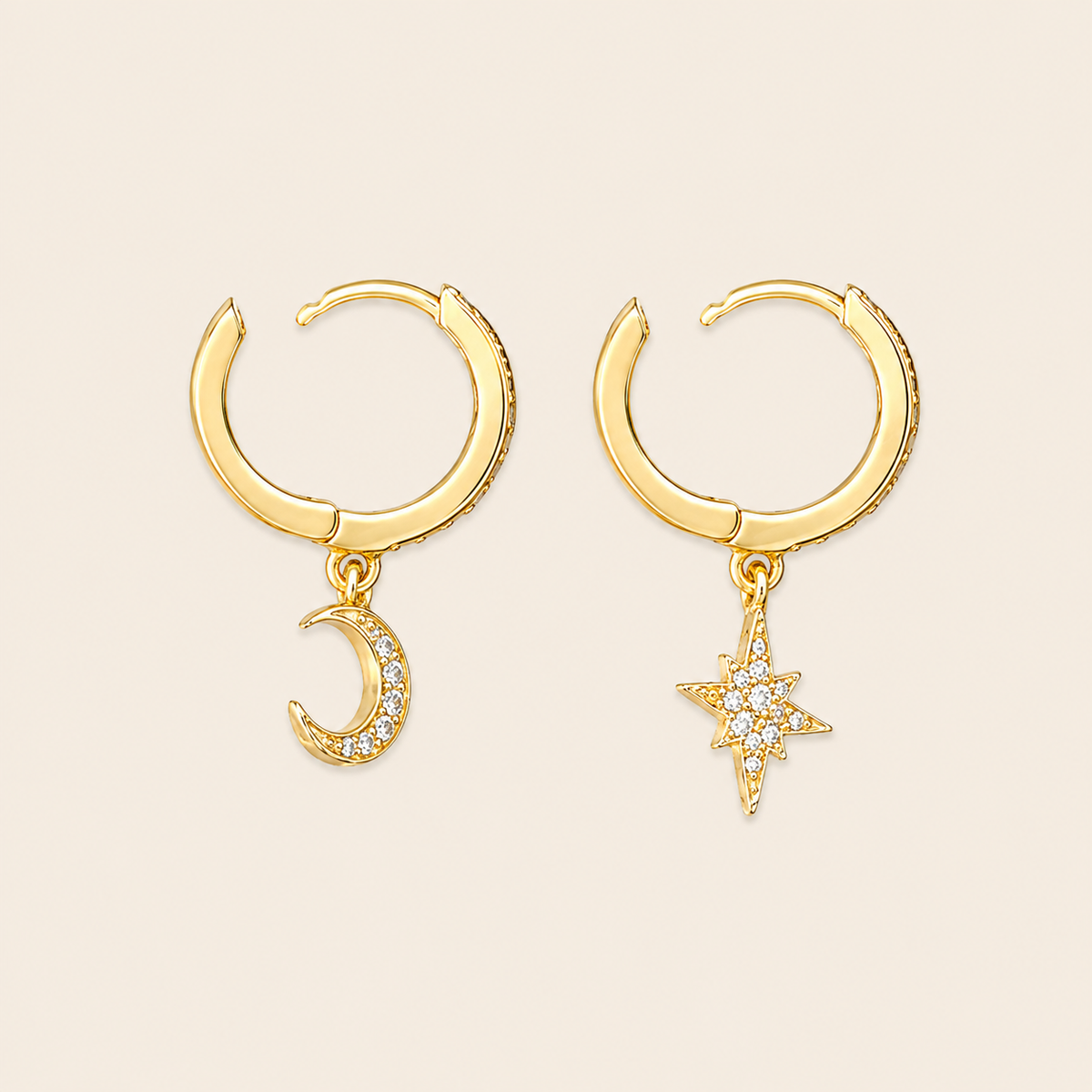 Celestial Light Earrings with crescent moon and star charms on small hoops in gold finish