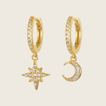 Celestial Light Earrings with crescent moon and star charms on small hoops in gold finish