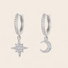 Celestial Light Earrings with crescent moon and star charms on small hoops in silver finish