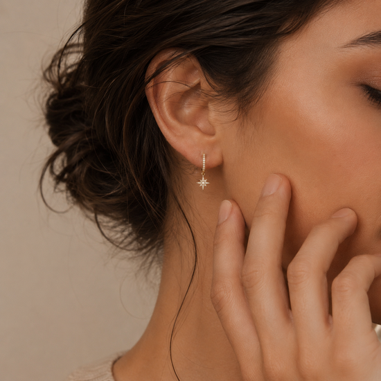 Celestial Light Earrings worn on the ear in silver finish