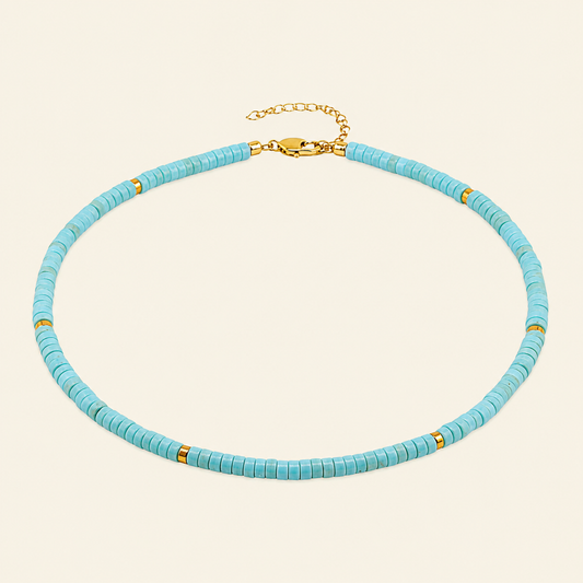 Cerulean Line Necklace with a fine line of pale turquoise-coloured disc beads
