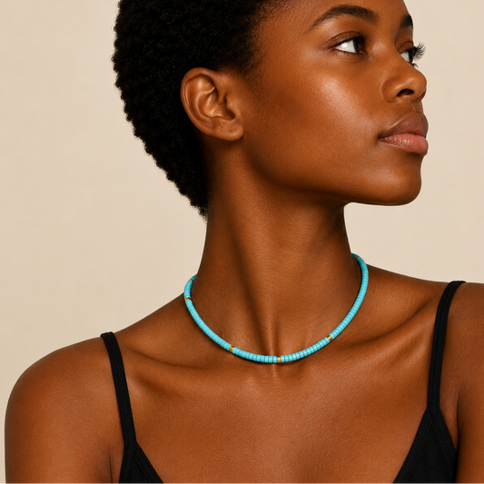 Cerulean Line Necklace worn at the neckline