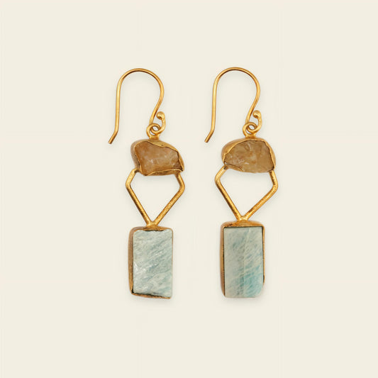 Citrine Tide Earrings with pale blue rectangular stones and geometric gold-coloured frames