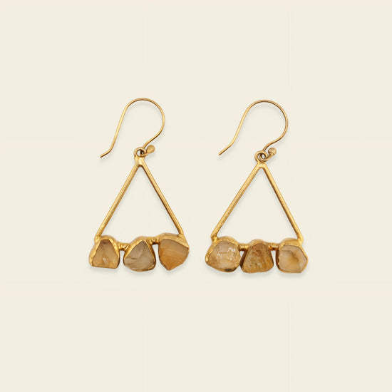 Citrine Trio Earrings with triangular frames with three small pale stone accents