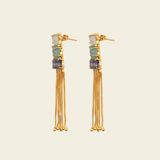 Coastal Drift Earrings with long chain tassels below blue and green stone accents