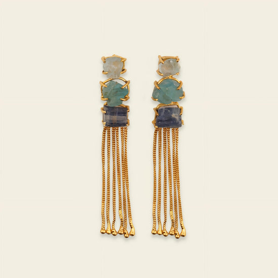 Coastal Drift Earrings with long chain tassels below blue and green stone accents