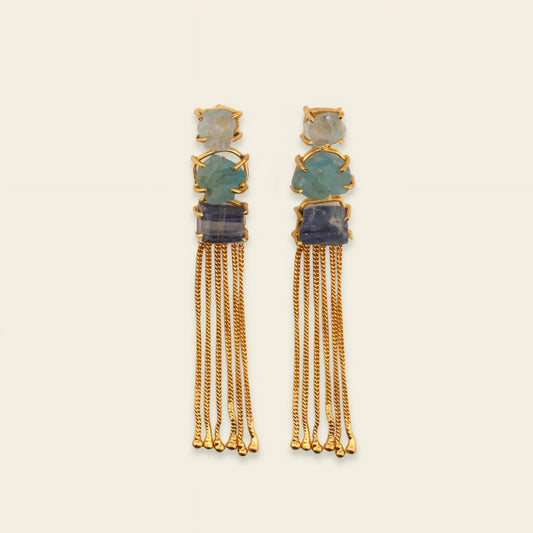 Coastal Drift Earrings with long chain tassels below blue and green stone accents