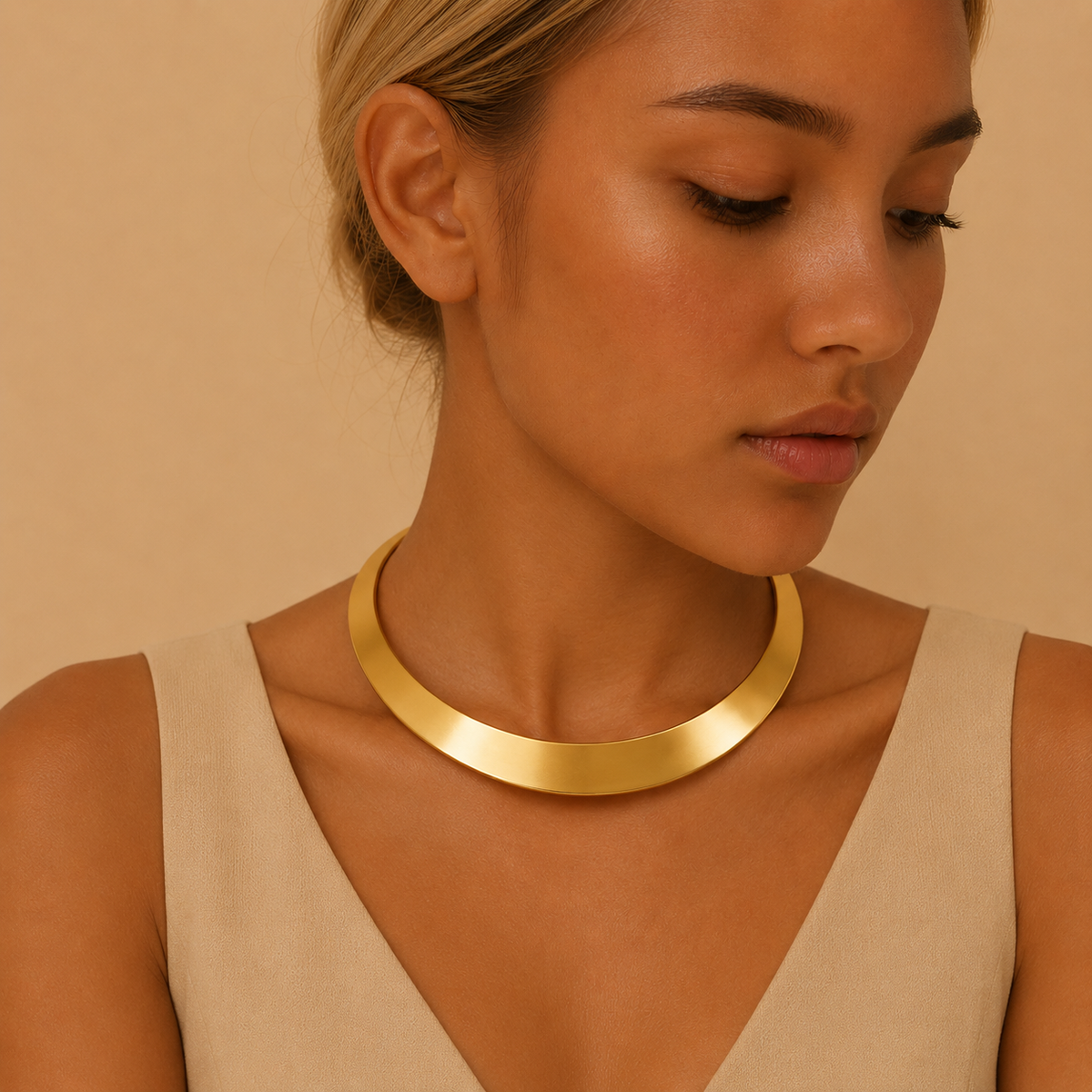Crescent Collar Necklace worn at the neckline in gold finish