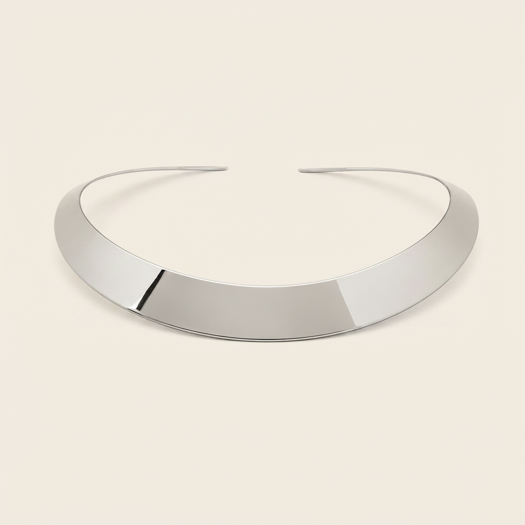 Crescent Collar Necklace with a smooth curved collar band in silver finish