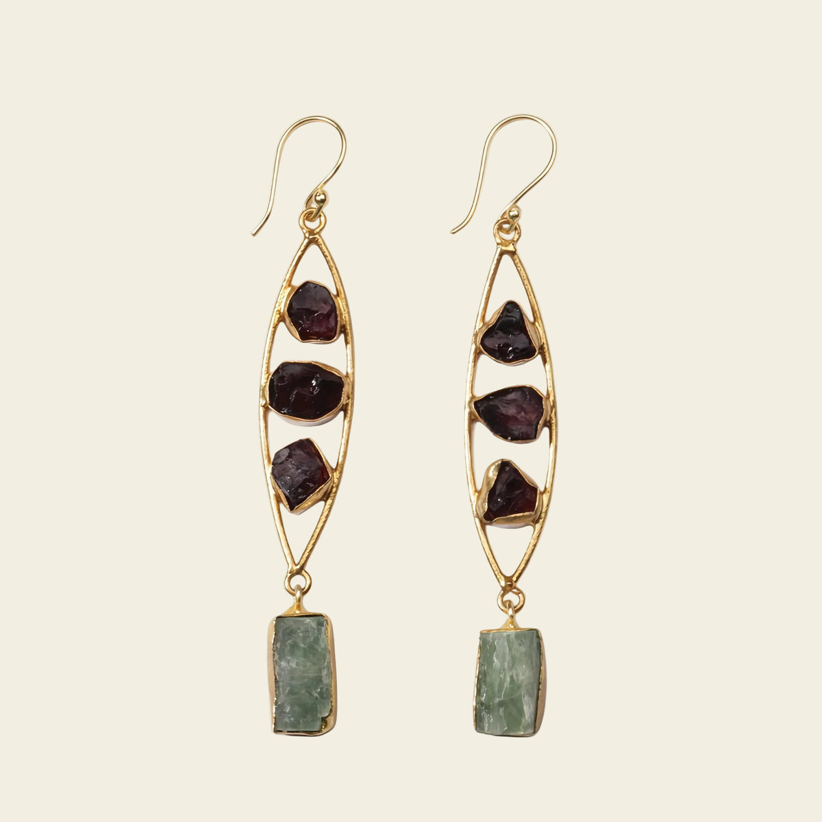 Crimson Grove Earrings with dark purple stones and elongated open frames