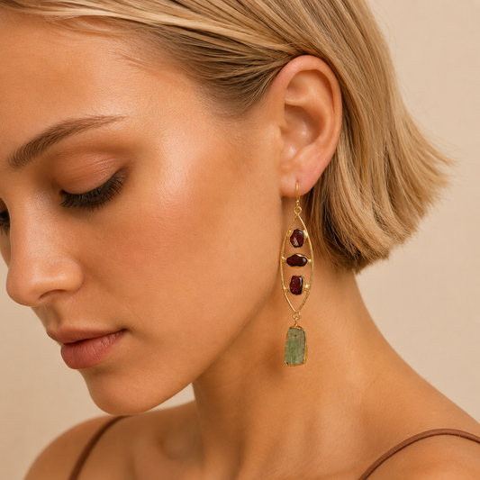 Crimson Grove Earrings worn on the ear, with dark purple stones and elongated open frames