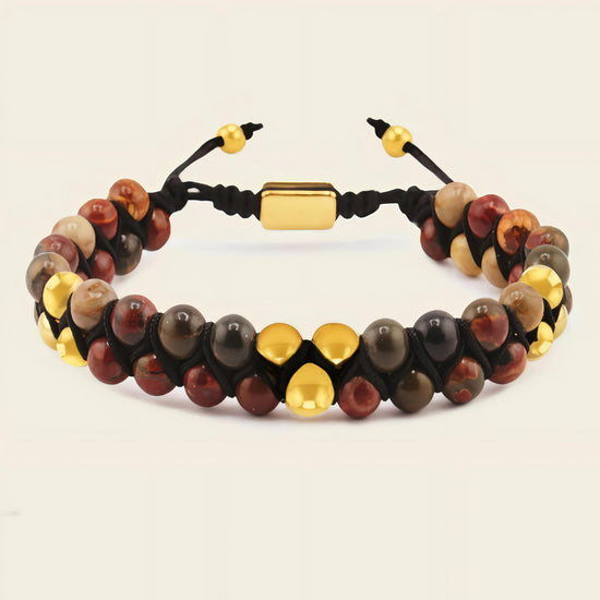 Crimson Knot Bracelet with two rows of round beads woven onto contrasting cord