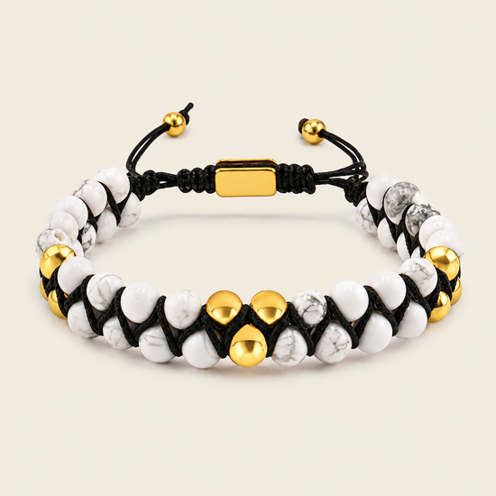 Crimson Knot Bracelet with two rows of round beads woven onto contrasting cord