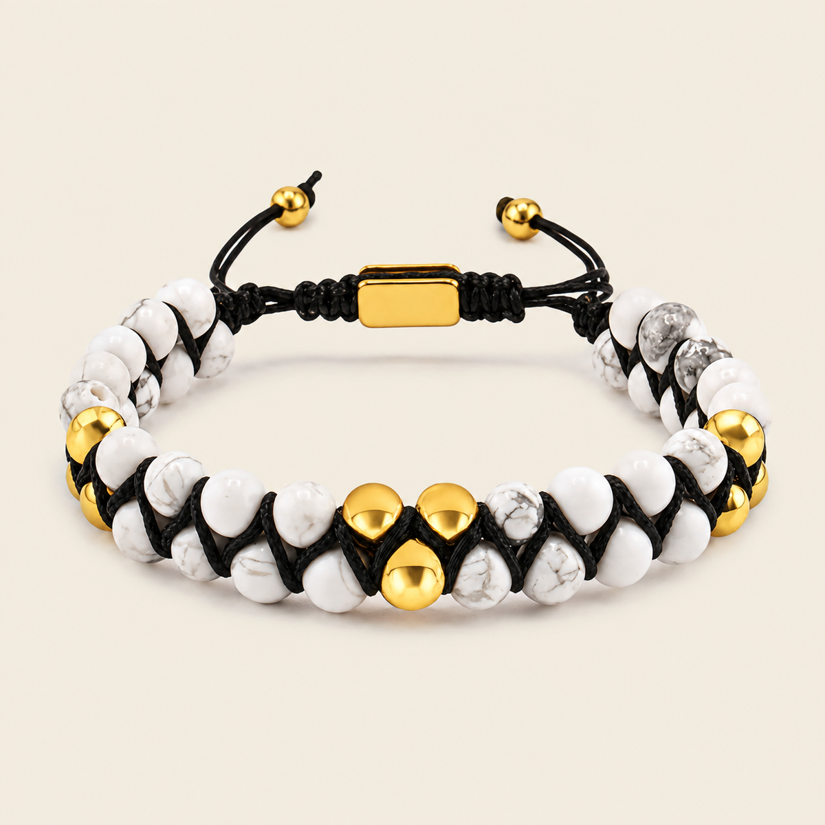 Crimson Knot Bracelet with two rows of round beads woven onto contrasting cord