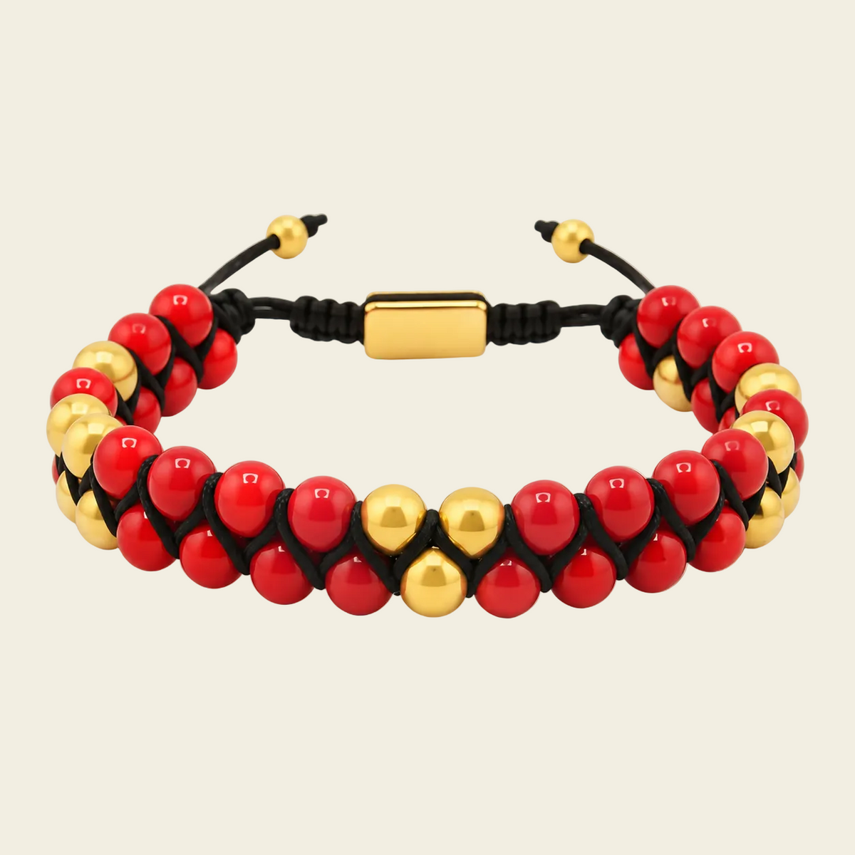 Crimson Knot Bracelet with two rows of round beads woven onto contrasting cord