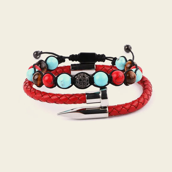 Crimson Line Bracelet with a beaded strand paired with a woven cord band