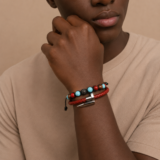 Crimson Line Bracelet worn on the wrist, with a beaded strand paired with a woven cord band