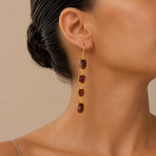Crimson Link Earrings worn on the ear, with a vertical line of irregular dark purple stones