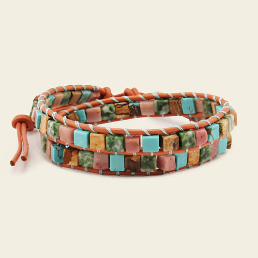 Crossline Wrap Bracelet with layered green and rust-coloured tile beads