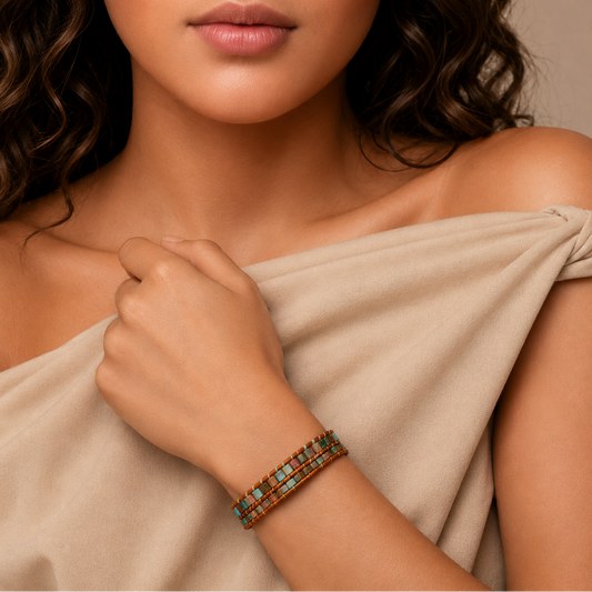 Crossline Wrap Bracelet worn on the wrist, with layered green and rust-coloured tile beads