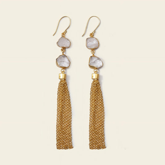 Crystal Cascade Earrings with pale stone accents and long gold-coloured chain tassels