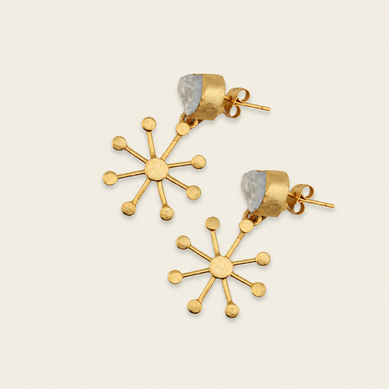 Crystal Halo Earrings with pale stone tops and gold-coloured starburst drops
